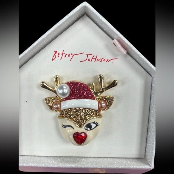 BETSEY JOHNSON Rudolph Red-Nosed Reindeer Crystals & Faux Pearls Brooch Pin NWT - Picture 1 of 6